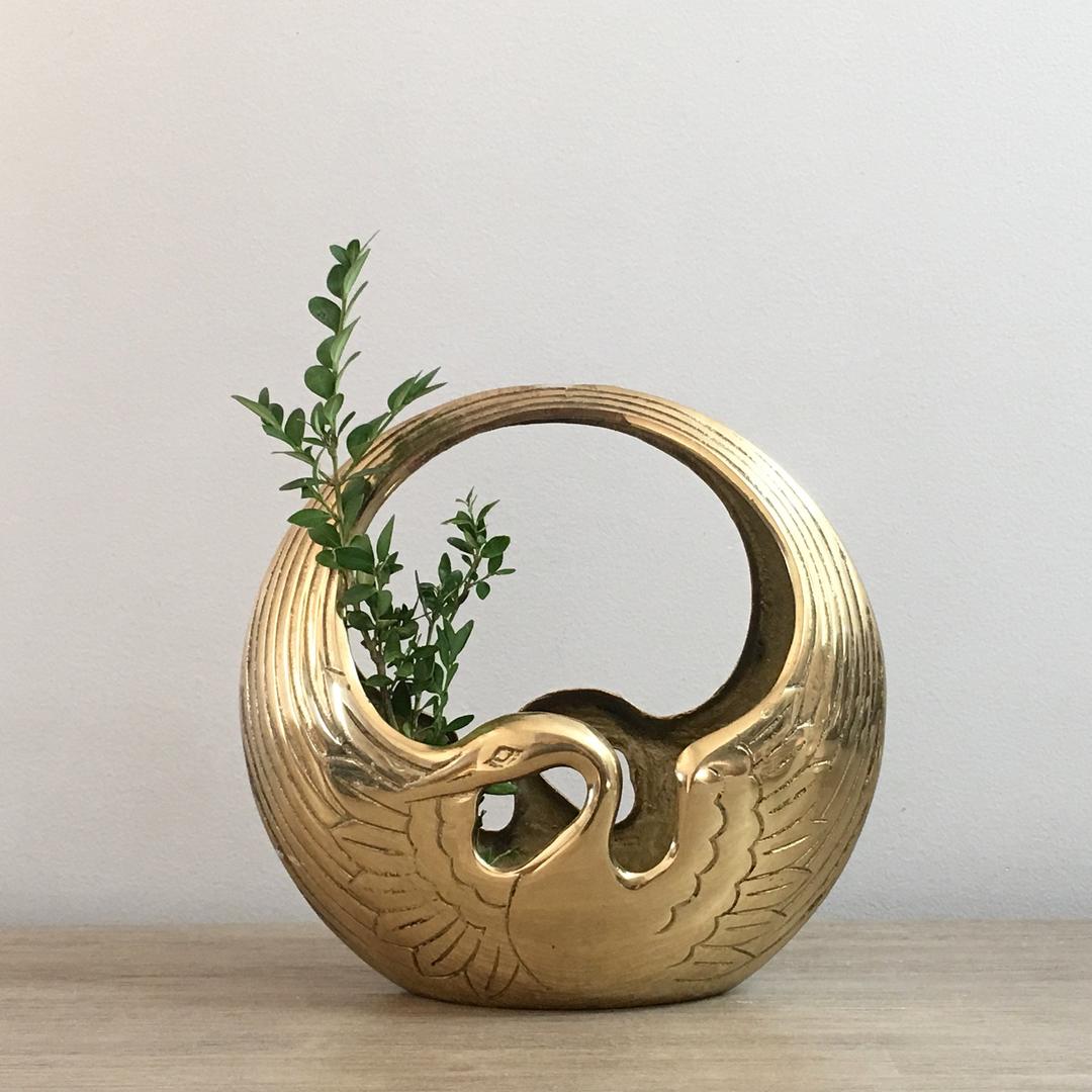 Vintage Brass Crane Handled Planter Dish Basket Gold Metal Art Mod