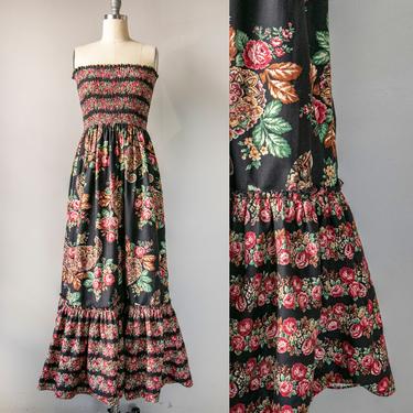 1970s Dress Dark Floral Cotton Smocked Boho S 