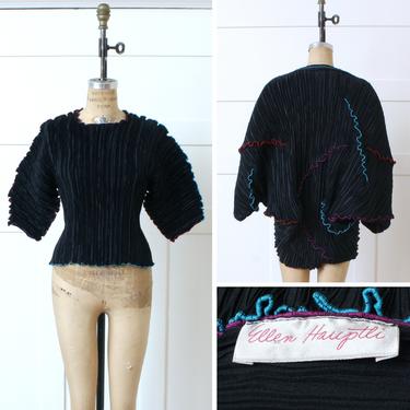 vintage artisan 1980s cocoon wrap jacket &amp; top • black silk finely pleated Ellen Hauptli blouse set • pleats please style 