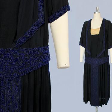 1920s Dress / 20s Beaded Flapper Dress / Black Silk and Blue Glass Beads 