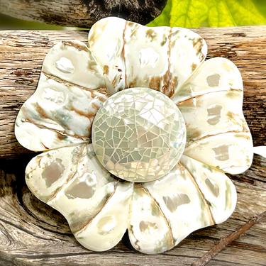 VINTAGE: 1980s - Sommai Mother of Pearl Shell Mosaic Flower Buckle - Elastic Stretch Belt Buckle - Retro - SKU 34-251-00006292 