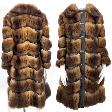 70s Possum fur leather vintage coat S / vintage 1970s brown fluffy shaggy chevron mid length chubby real fur coat  small 