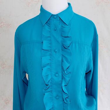 Vintage 80s Secretary Blouse, 1980s Ruffle Blouse, Tuxedo Shirt, Collared, Button Down, Turquoise Blue 