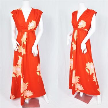 1970's Orange Poly Floral Print Hawaiian Caftan Maxi Dress I Sz Med I Andrade Honolulu 