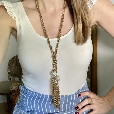 Fabulous Gold Chain &amp; Tassel Pearl Lariat Necklace