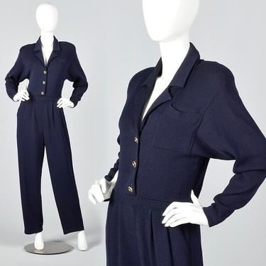 XS St. John Blue Knit Long Sleeve Jumpsuit Wide Leg Jumpsuit Casual Day Wear Wide Leg Pants Button Front 1980s 80s Vintage 