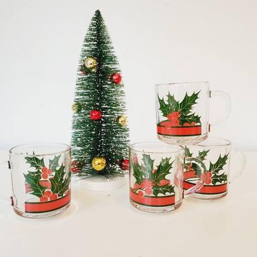 Vintage Christmas Holly Glass Mug Set 