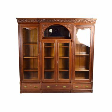 Antique Victorian Renaissance Revival Cherry Bookcase Curio Cabinet 