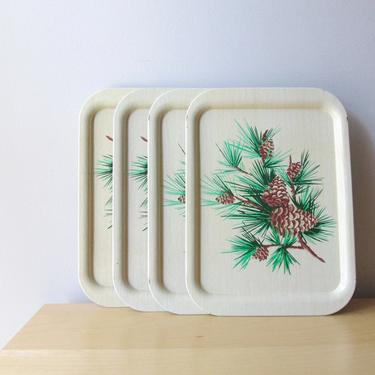 vintage pinecone tin TV trays set of four faux woodgrain - cabin decor magnetic board 