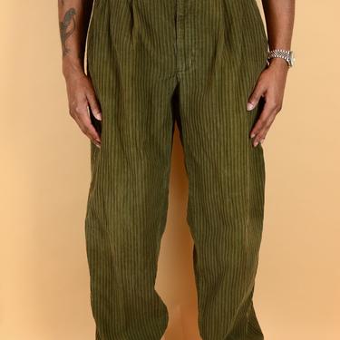 Vintage Green Corduroy Pleated Trousers Pants 34x34 