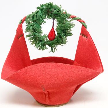 Vintage Christmas  Party Favor Basket with Wreath,  Crepe Paper Candy Container 
