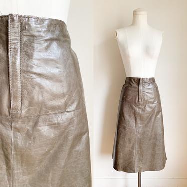 Vintage 2000s Taupe Leather Midi Skirt / 34&amp;quot; waist / L (size 14) 