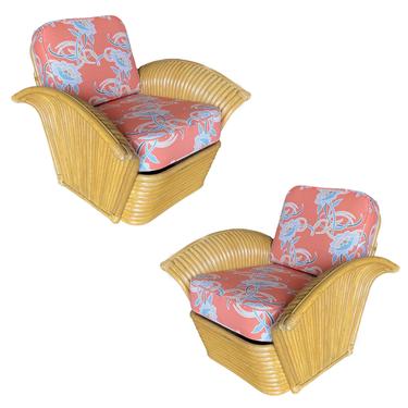 Restored Pair of &quot;Golden Girls&quot; Art Deco Rattan Fan Arm Lounge Chairs 