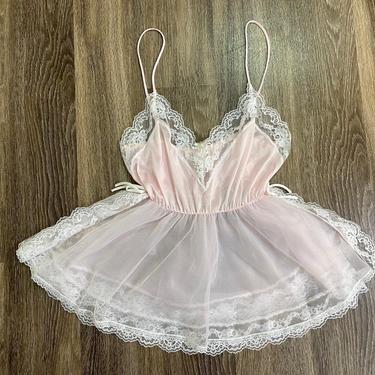 Vintage 1980’s Pink Sheer Nylon and Lace Teddy 