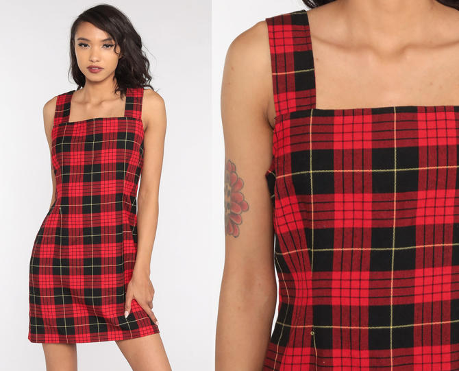 Red Plaid Dress 90s Dark Academia Jumper Dress Mini Pinafore, Shop Exile