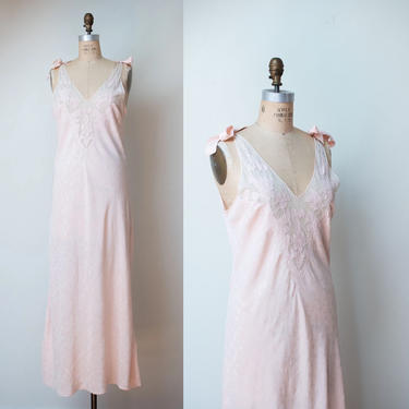 1940s Pale Pink Bias Cut Nightgown / 40s Lace Tie Shoulder Slip Dress 