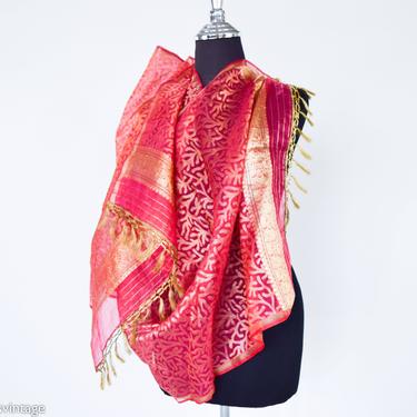 1950s Red &amp; Gold Silk Scarf | 50s Red Gold Metallic Scarf | India 