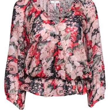 Joie - Pink &amp; Multicolor Floral Print Silk Blouse w/ Flounce Hem Sz S
