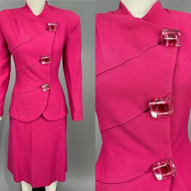 1940s Bright Pink LILLI ANN Suit | Vintage 40s Two Piece Set featuring Lucite Buttons &amp; Asymmetrical Striped Jacket | xs 