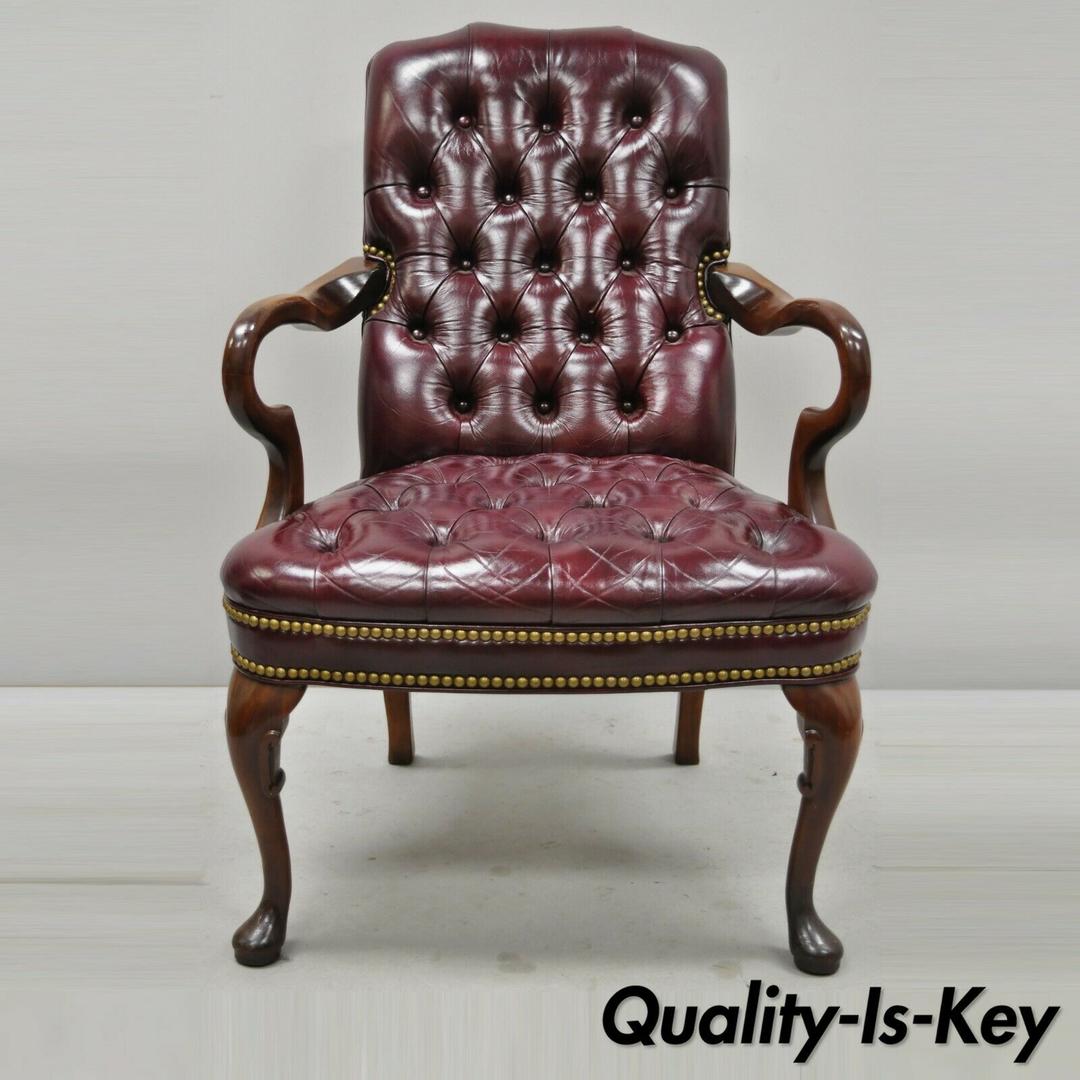 Burgundy Tufted Executive Leather Gooseneck Queen Anne Office Library
