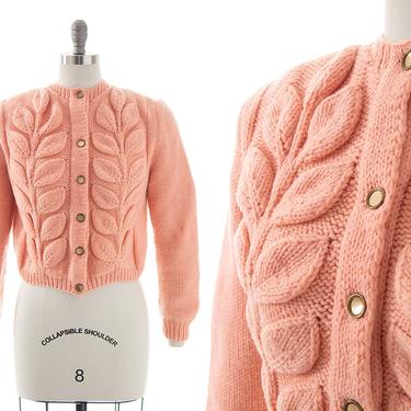Vintage Cardigan | Leaf Design Knit Pink Acrylic Cropped Sweater Top (medium/large) 