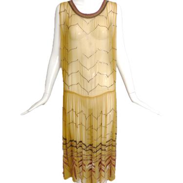 1920's Yellow Beaded Chiffon Evening Dress