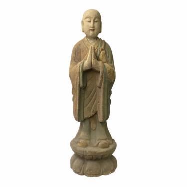 Chinese Rustic Wood Standing Praying Lohon Monk Statue ws1541E 