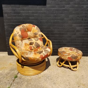 Vintage rattan Swivel Arm Chair w/ ottoman