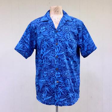 Vintage 1960s Hawaiian Shirt, Blue Cotton Talima of Hawaii Aloha 