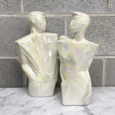 Vintage Statue Set Retro 1990s Contemporary + Couple + Man and Woman + Lovers + Ceramic + Iridescent + Sculptures +Home and Shelving Decor 