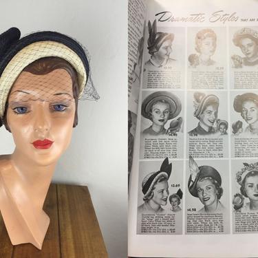 Her Well Known Dramatic Style - Vintage 1940s 1950s Classic Navy &amp; Ivory Straw Caplet Hat w/Veil 