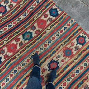 Antique 5'2&amp;quot; x 8'9&amp;quot; Large Kilim Rug Geometric Red Cream Blue Navy Wool Flatwoven Rug 1880s - FREE DOMESTIC SHIPPING 