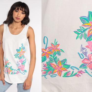 OCEAN PACIFIC Shirt Floral Tank Top 80s Surfer Low V Back Tank Top Beach Graphic Vintage Top 90s Retro Small 