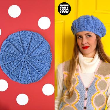 Cute Vintage 60s 70s Light Blue Crochet Mod Tam Beret 