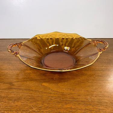 Vintage Cambridge #733 Urn and Birds Etching Decagon Amber Handled Bowl 