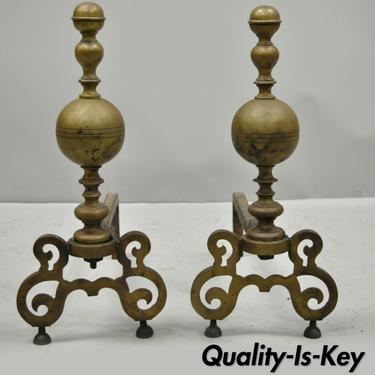 Pair Antique English Federal Style Brass Cannonball Cast Iron Fireplace Andirons