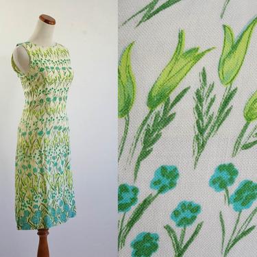 Vintage 60s Linen Dress, Spring Botanical Print Garden Dress, Cream, Blue &amp; Green Dress, Bateau Neckline Sleeveless Spring Dress, XS Small 