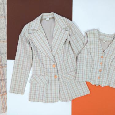 Dandy Vintage 70s Khaki &amp; Peach Plaid Blazer and Vest Set 