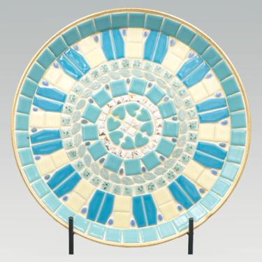 Blue and White Mosaic Tile Gold Serving Tray | Vintage Mid Century Modern Serveware | Turquoise and White Tiles Round Salver 