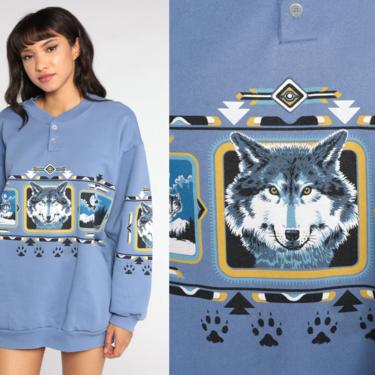 Wolf Sweatshirt 90s Animal Print Shirt Blue Winter Snow Shirt Jumper Graphic Wildlife Sweater Slouch Shirt 1990s Vintage Extra Large xl l 