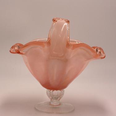 vintage murano footed pink dish with handle and ruffled edge 