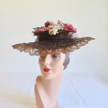 Vintage 1940's Brown Raffia Straw Wide Brim Hat Pink White Silk and Velvet Flowers Horsehair Ruffle Trim Rockabilly Gage 40's Millinery 