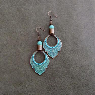 Patinated earrings, bohemian boho patina earrings, ethnic statement earrings, teal earrings, primitive etched copper, ornate earrings 11 