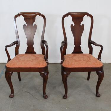 Pair of Queen Anne Solid Mahogany Dining Arm Chairs by Baker 