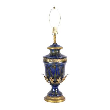 Vintage Hollywood Regency Cobalt Blue Art Pottery Gilt Metal Lamp 