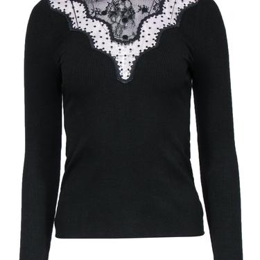 Sandro - Black Ribbed Long Sleeve High Neck Top w/ Lace Sz S