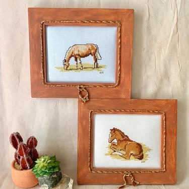 Horses Rustic Wall Decor, Set 2, Cross Stitch, Hand Stitched, Ranch, Country, Wall Frame, Vintage 
