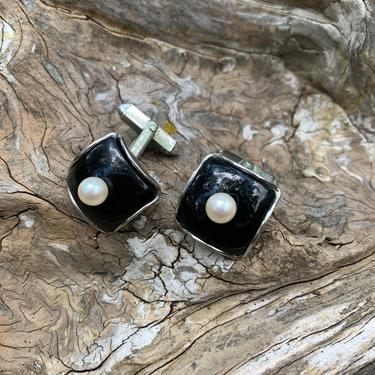 Sterling Pearl and Onyx Cufflinks 