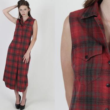 Vintage 90s Plaid Flannel Dress / Shadow Western Style Print Dress / 1990s Grunge Holiday Outfit Red Midi Maxi Dress 
