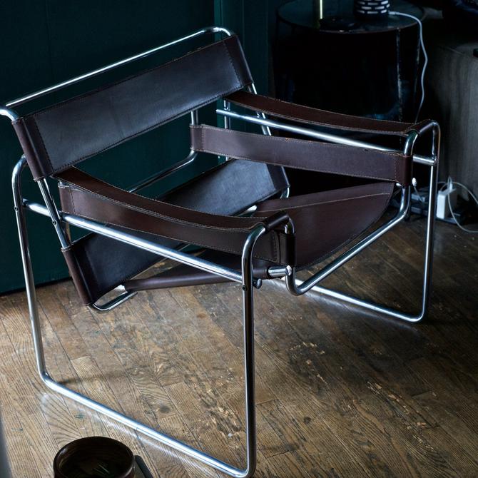 1970s Marcel Breuer Wassily Chair Sling Brown Leather Chrome